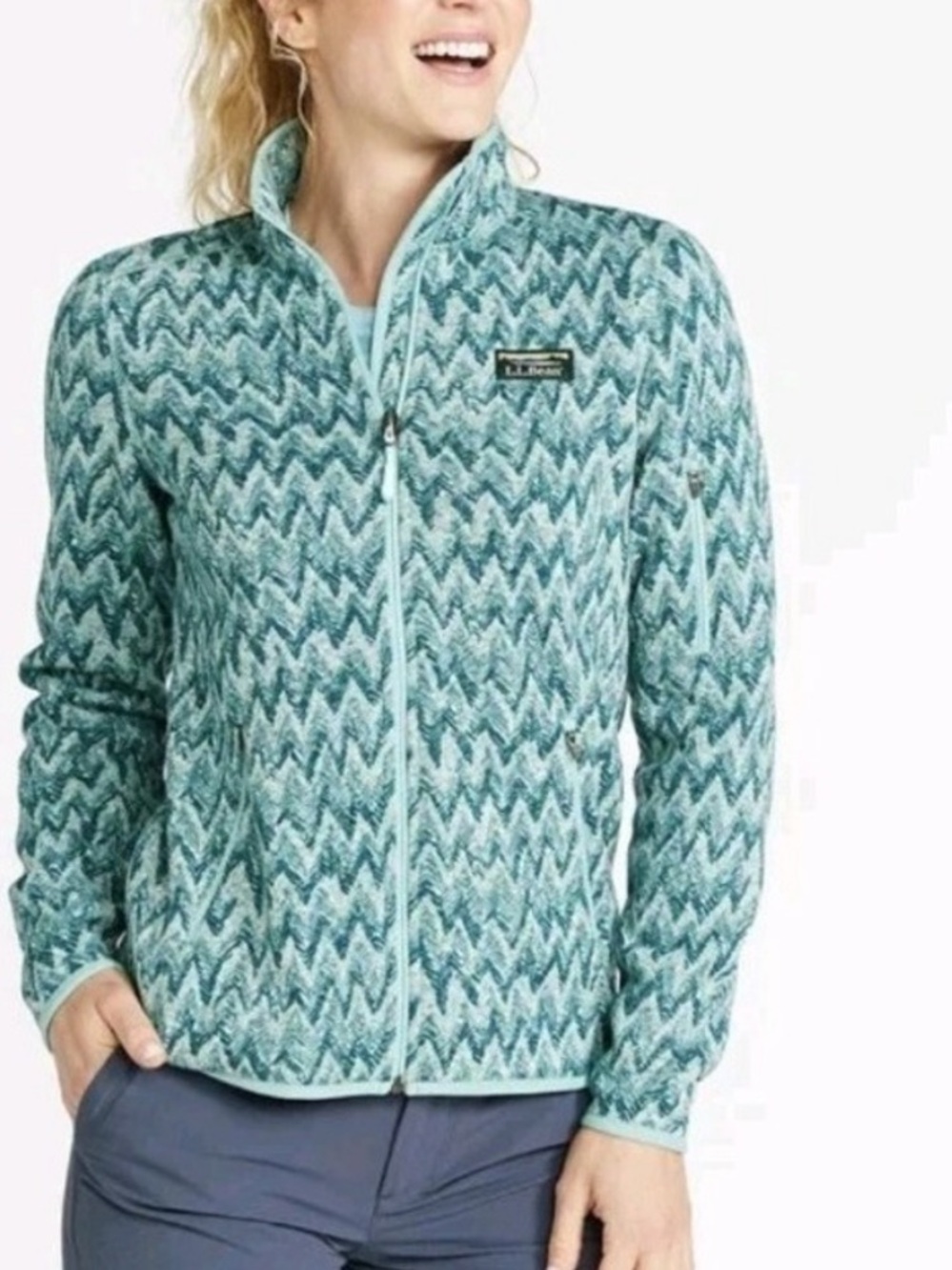 L.L. Bean Sweater Fleece Full-Zip Jacket Women’s XL Blue Chevron Outdoors Fall